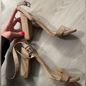 Express tan suede block sandal heels